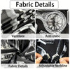 Close-up details of a black professional hair cutting and styling apron showing ventilation, anti-static features, fabric det