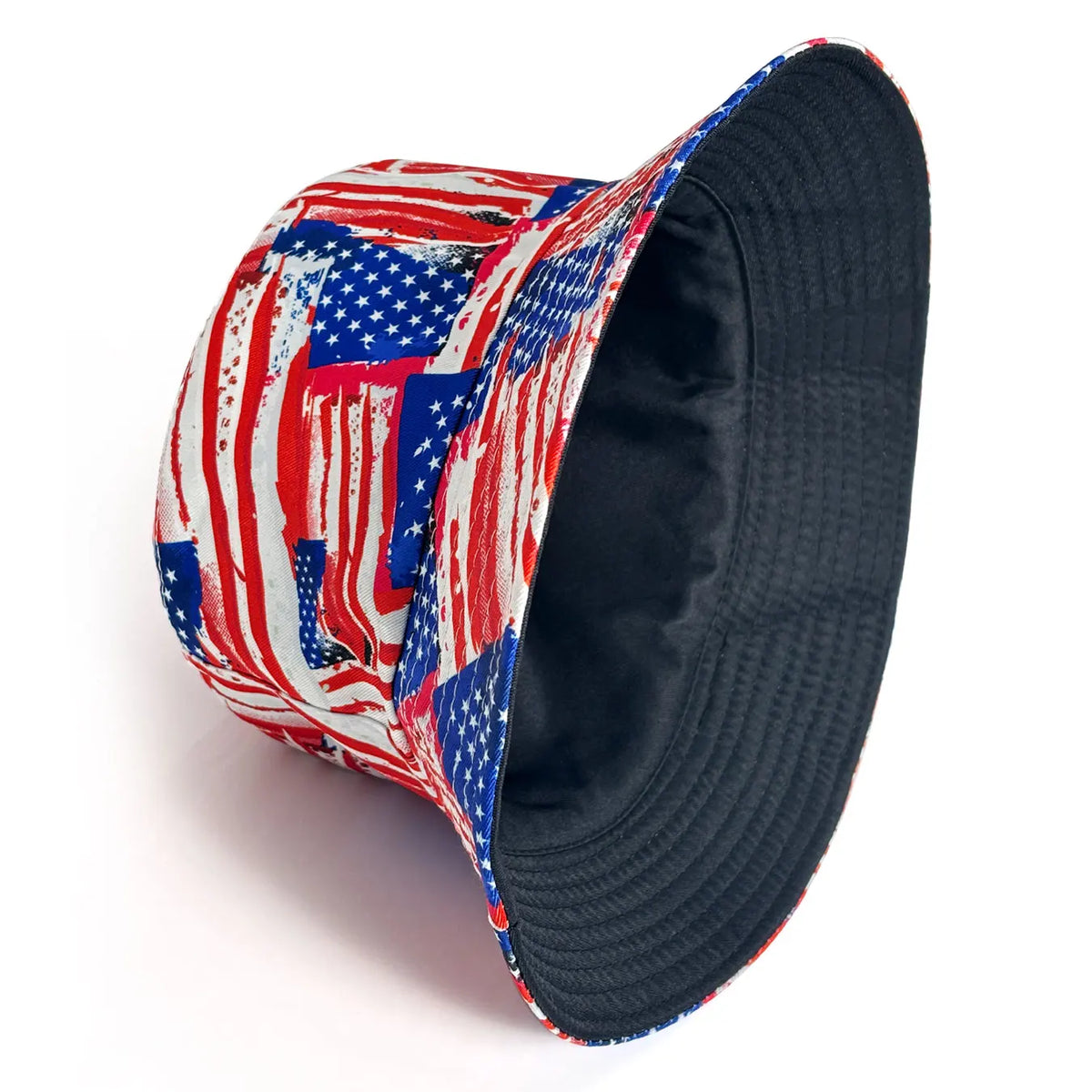 Umkehrbarer patriotischer Bucket Hat mit roten, weißen und blauen Streifen und Sternen