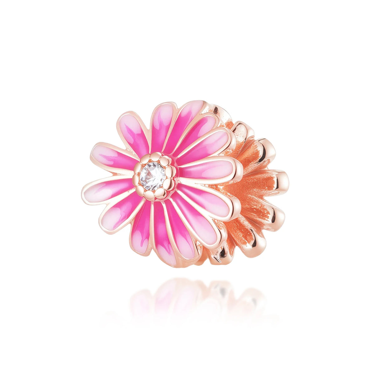 Un adorno de cuenta floral rosa y naranja con un centro blanco brillante.