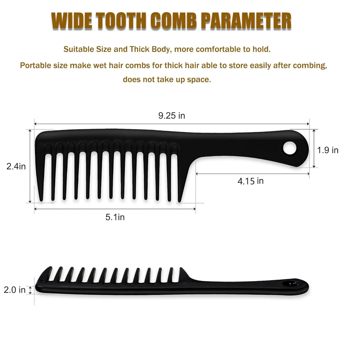 A black wide tooth comb with dimensions 9.25 in long and 1.9 in wide.