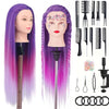 Two professional cosmetology practice mannequin heads displaying long purple and pink hair and various styling tools.