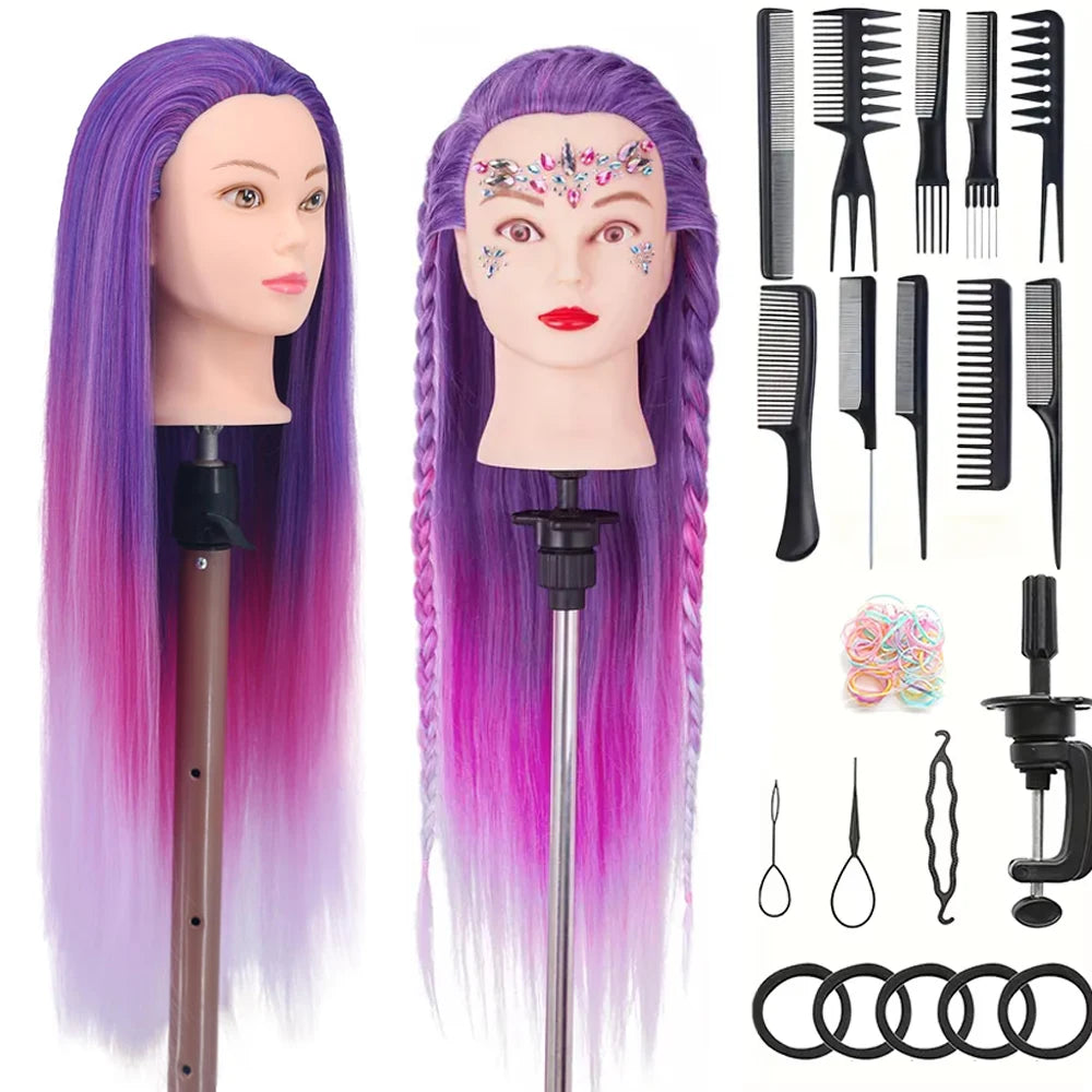 Two professional cosmetology practice mannequin heads displaying long purple and pink hair and various styling tools.