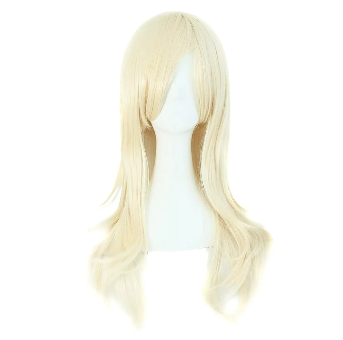 A blonde, long, wavy hair extension wig displayed on a mannequin head.