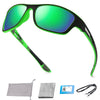 A pair of bright green polarized sunglasses with black frames and a folding case are shown.