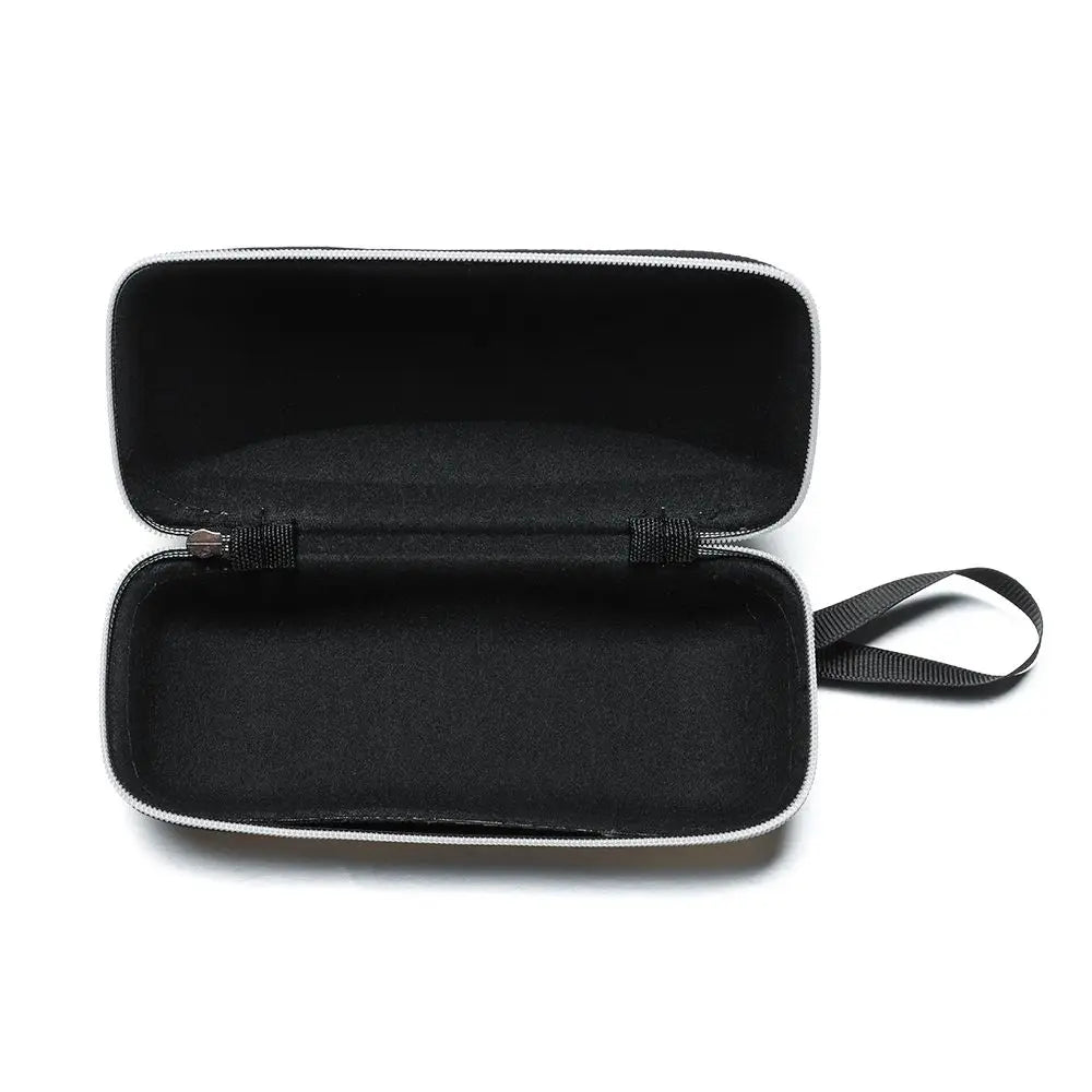 Black metal eyewear case with a black lining and a black strap.