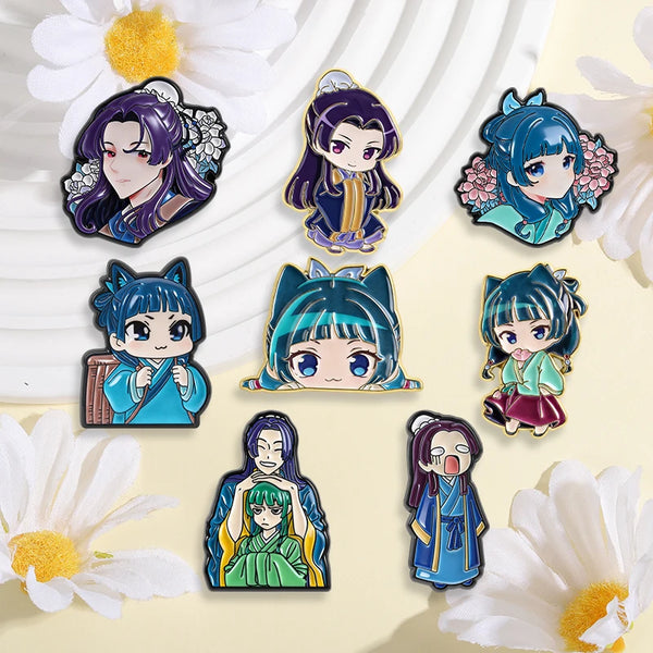 A collection of cute anime character brooches and lapel pins featuring various characters with purple, blue, and green hair.