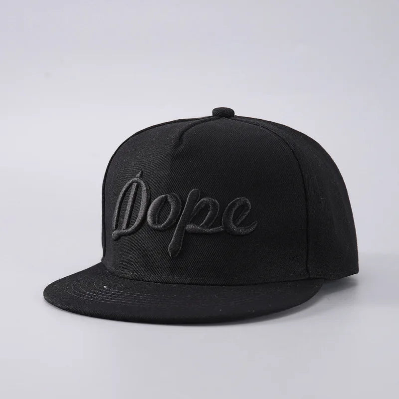 Black unisex luxury baseball cap with the word dope embroidered on the front