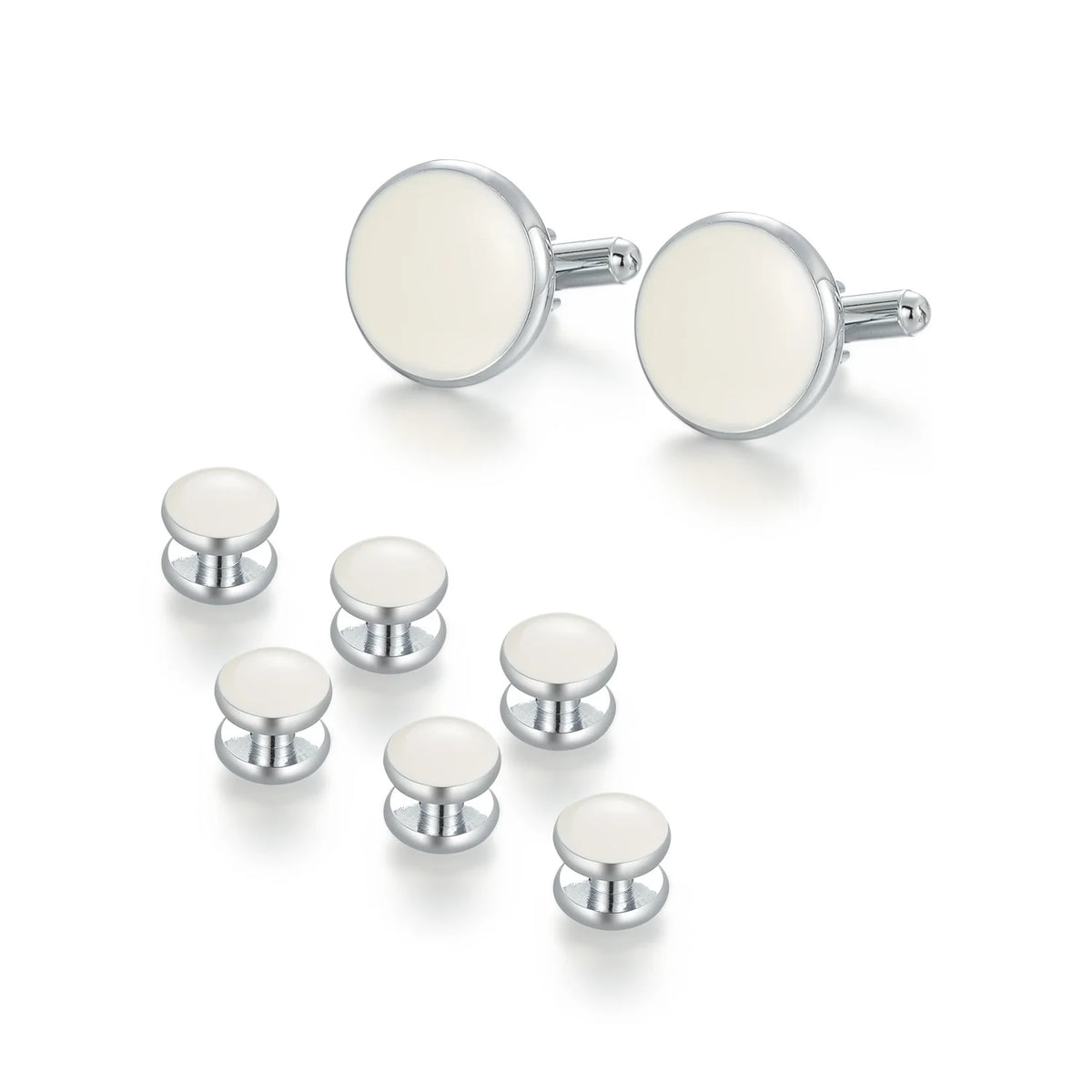 Un set d'”（cufflinks et clips de cravate pour hommes, avec accents en métal argenté et émail blanc.