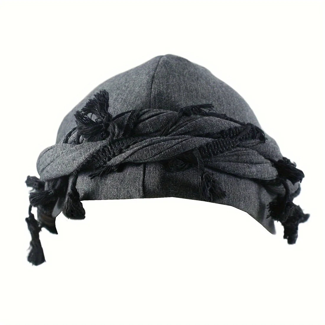A dark gray turban head wrap made of stretch modal and satin fabric with black fringe.
