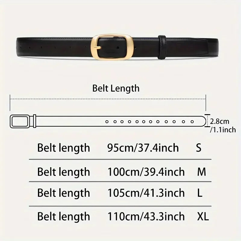 A black leather belt with a gold-toned buckle shown flat, with various length options listed below.