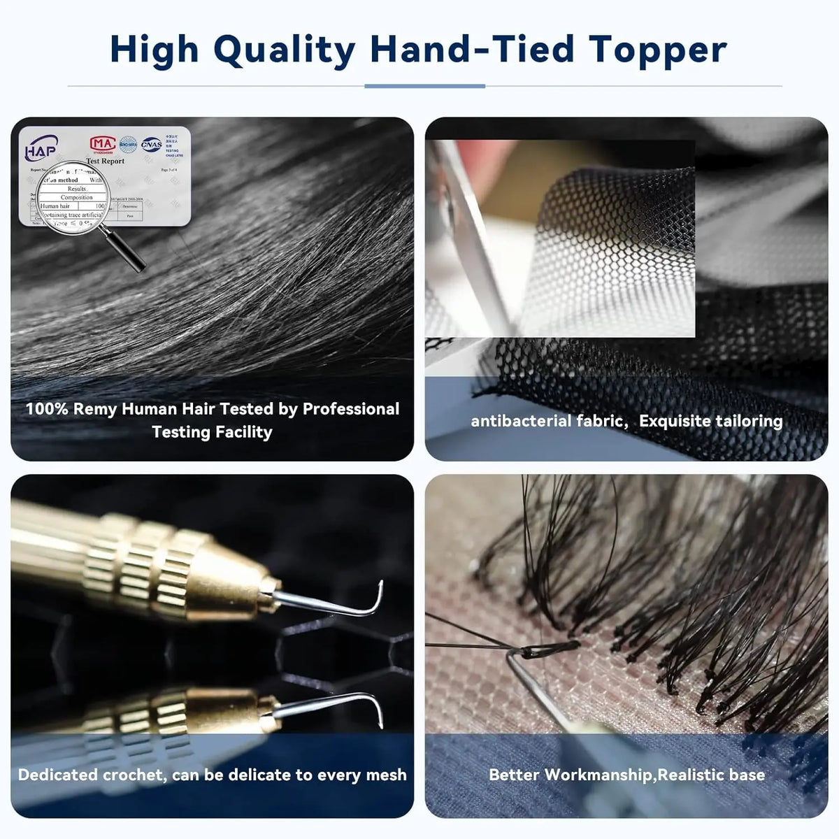 Close-up of a high quality hand-tied topper showing the lash fibers and crochet work