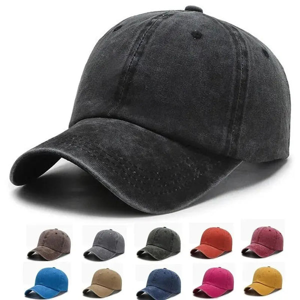 A collection of various colored casual baseball caps shown in a row.