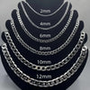 A display of various geometric face chain necklaces in sterling silver, showing different link sizes from 2mm to 12mm.
