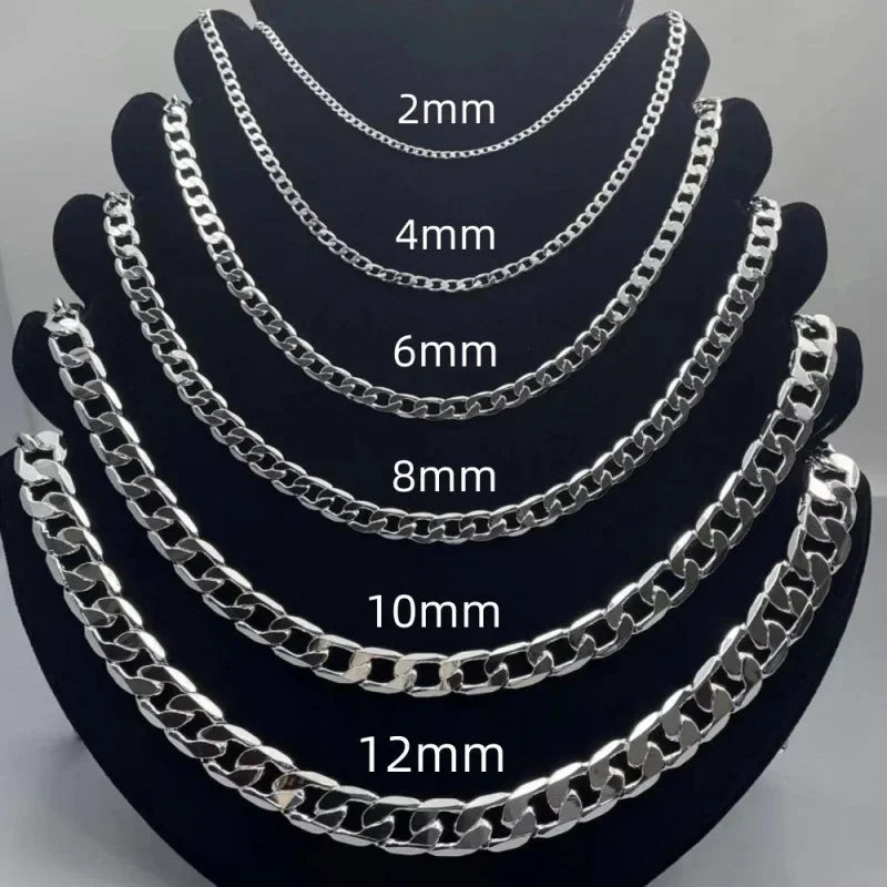 A display of various geometric face chain necklaces in sterling silver, showing different link sizes from 2mm to 12mm.