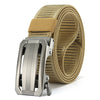 A close-up of a tan canvas utility belt with a silver buckle and woven webbing.