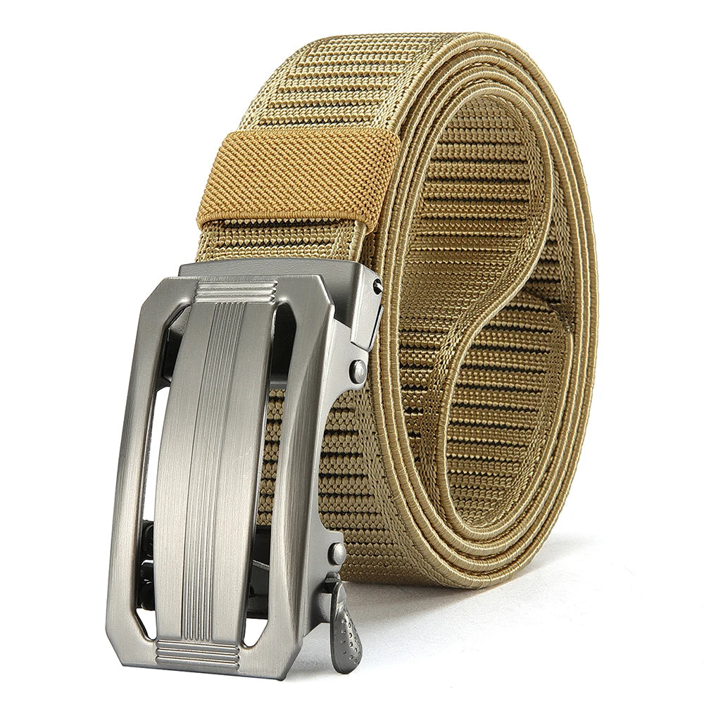 A close-up of a tan canvas utility belt with a silver buckle and woven webbing.
