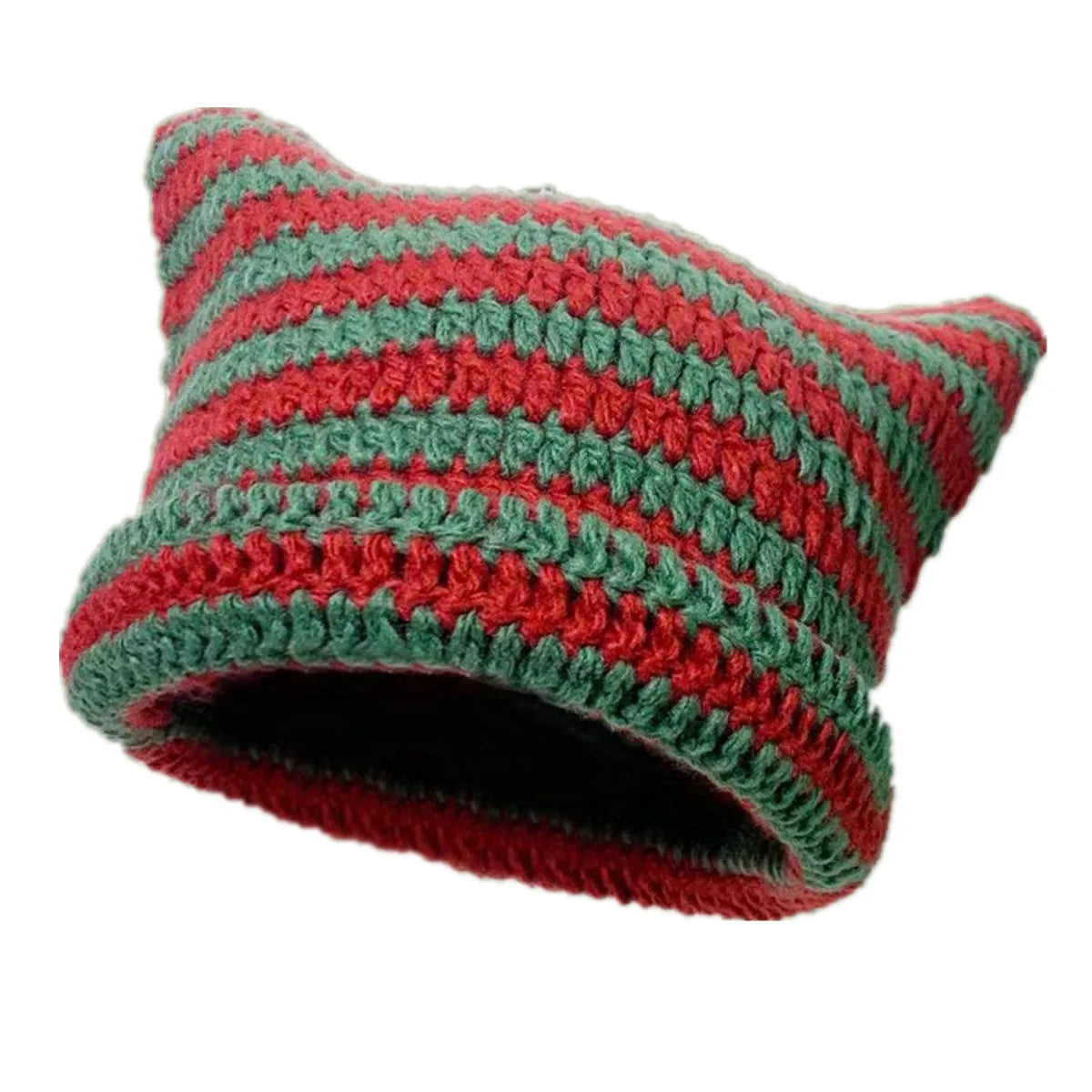 A knitted beanie hat made of red and green yarn with a textured stitch pattern.