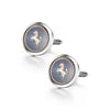 A pair of elegant copper cufflinks featuring a detailed lion motif and an ornate border.
