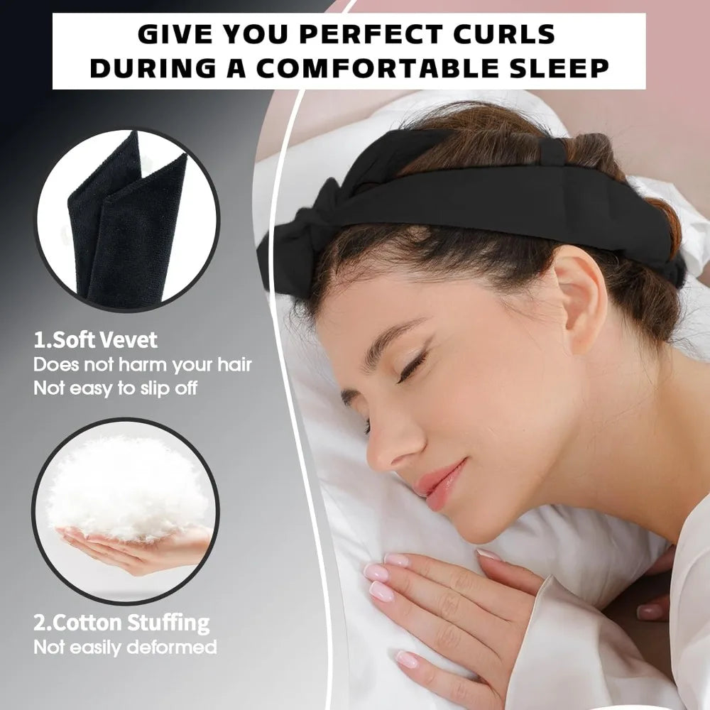 Une femme utilise un bandeau de fer à boucler sans chaleur pour les cheveux pendant qu'elle dort.