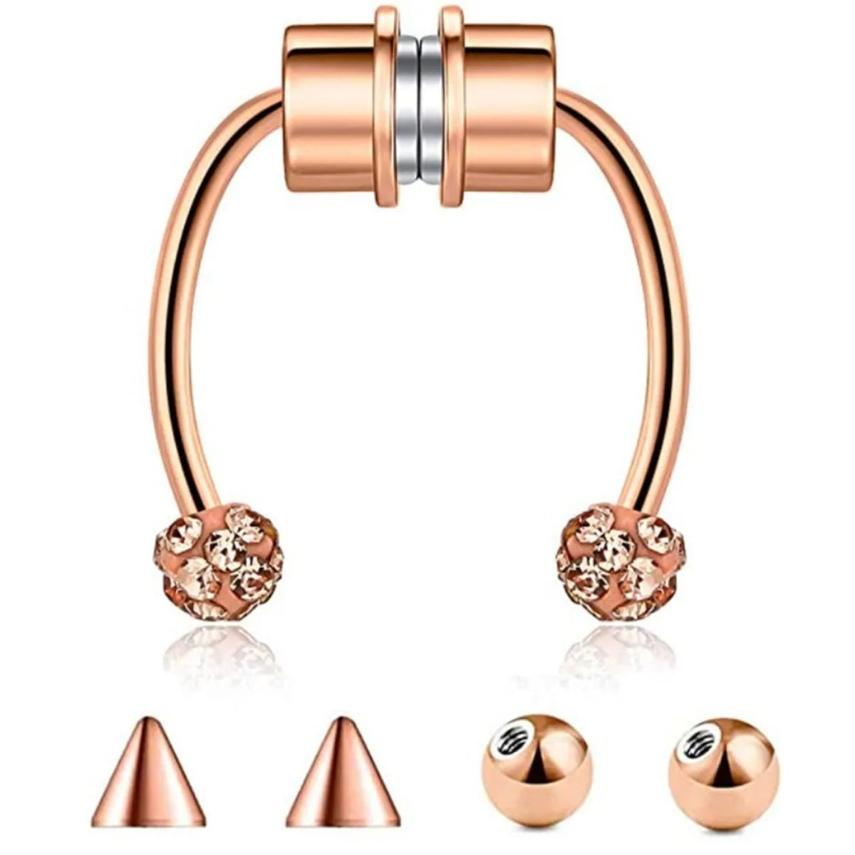 A set of rose gold stainless steel nose ring hoops and conical studs for fashion body jewelry.