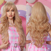 Sandy blonde golden wavy cosplay wig with long bangs worn by a model in a pink checkered dress