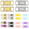 A collection of various colored metal shoe charms and laces in gold, silver, yellow, blue, pink, and purple finishes.