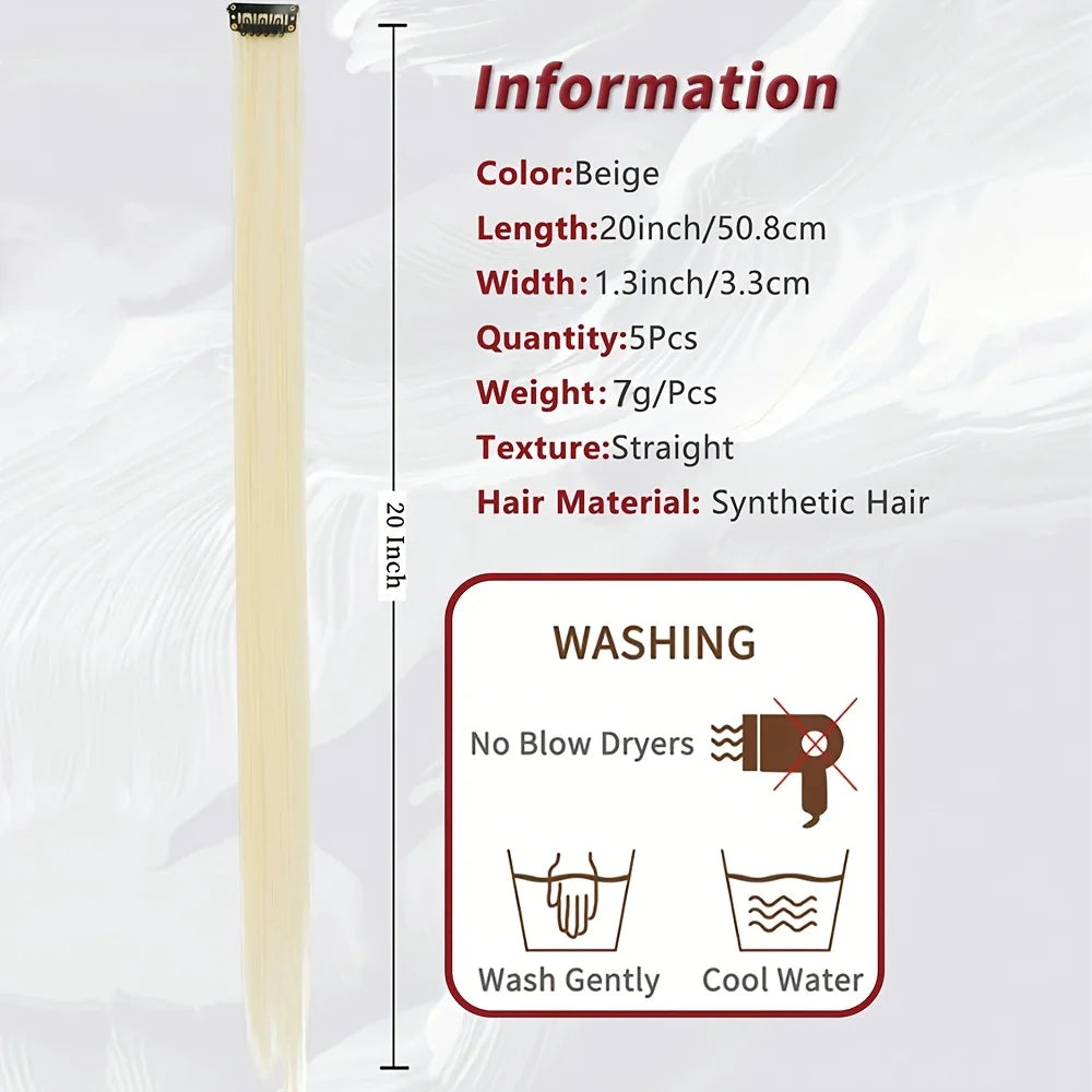 Information card detailing specifications for 5-piece clip-in long straight synthetic hair extensions.