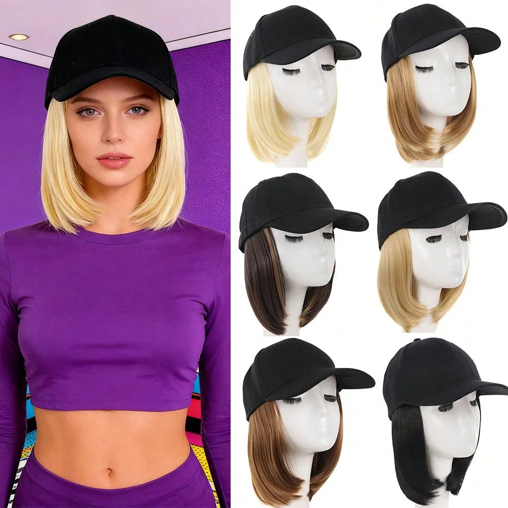 Una mujer modela una gorra de béisbol sintética ajustable negra en varios tonos de rubio y marrón.
