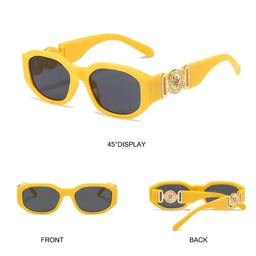 Yellow sunglasses with rose metal detail, shown from the front and back views.