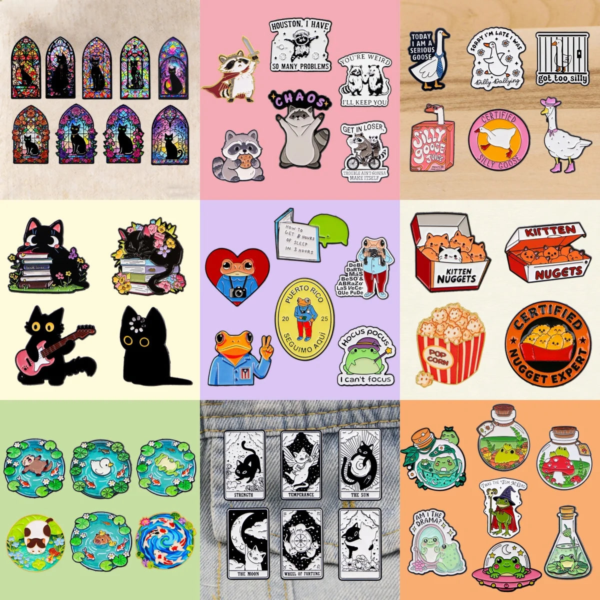 A collection of cute animal enamel brooches featuring cats, dogs, and other animals.