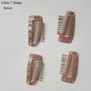 A set of brown T-shaped precision hair extension clips shown in various angles.