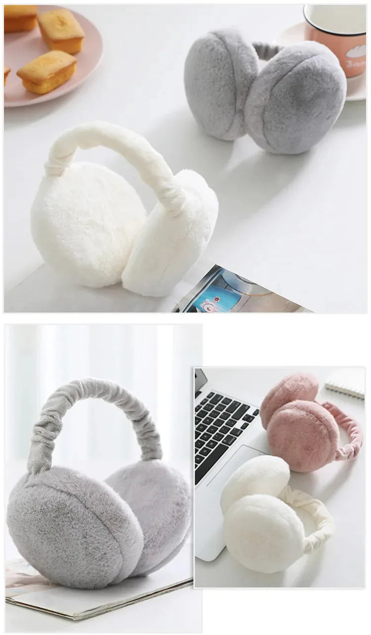 A collection of soft, plush fur ear warmers and earmuffs in shades of gray and pink are displayed on a white surface.