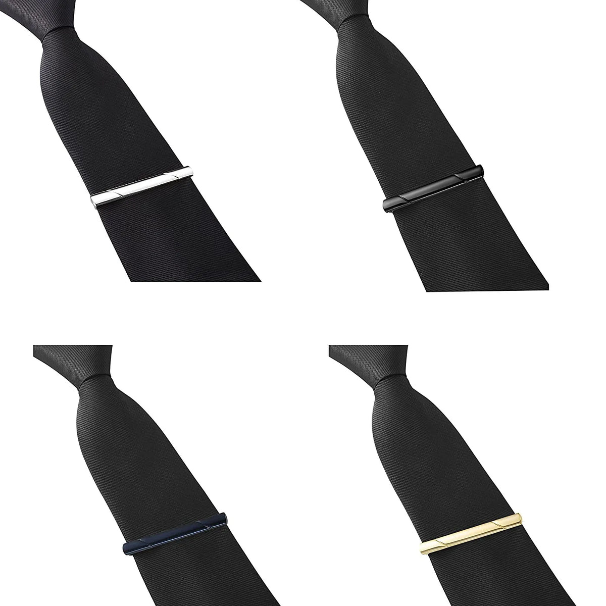 Black necktie with a silver and gold tie clip detail.