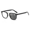 A pair of black multifocal reading glasses with a thin metal bridge and dark lenses.