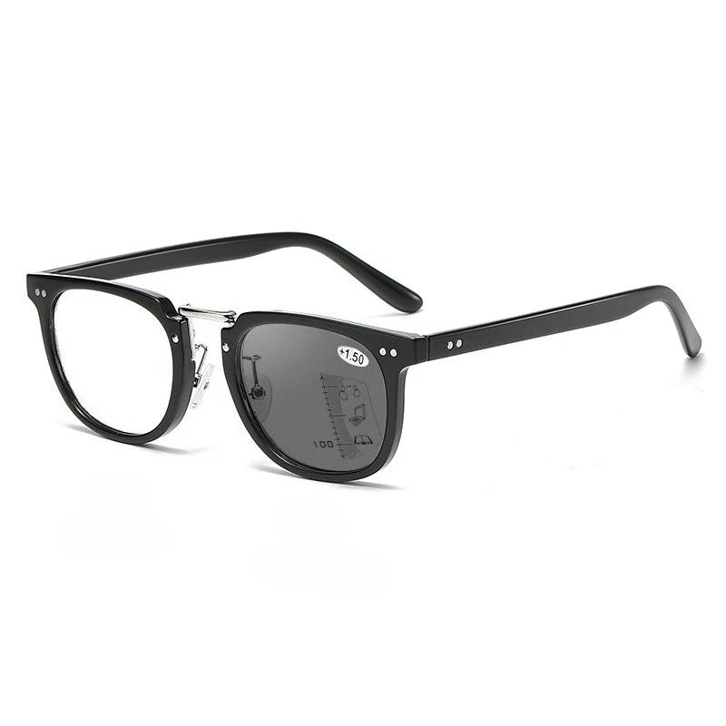 A pair of black multifocal reading glasses with a thin metal bridge and dark lenses.