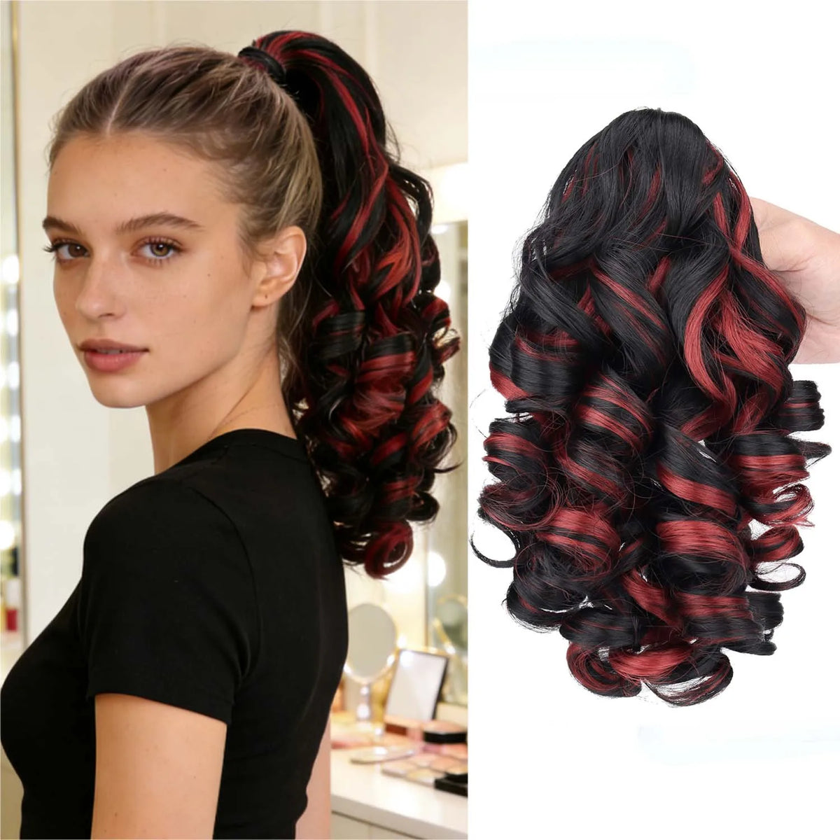 A woman shows off a long, dark hair extension in red and black spiral curls styled in a high ponytail.
