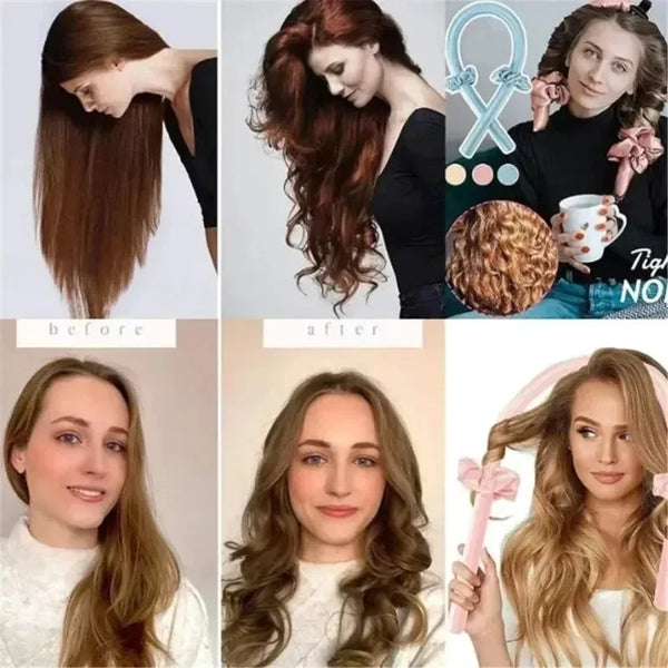 Before and after photos showing hair styling results using no-heat rollers and tools