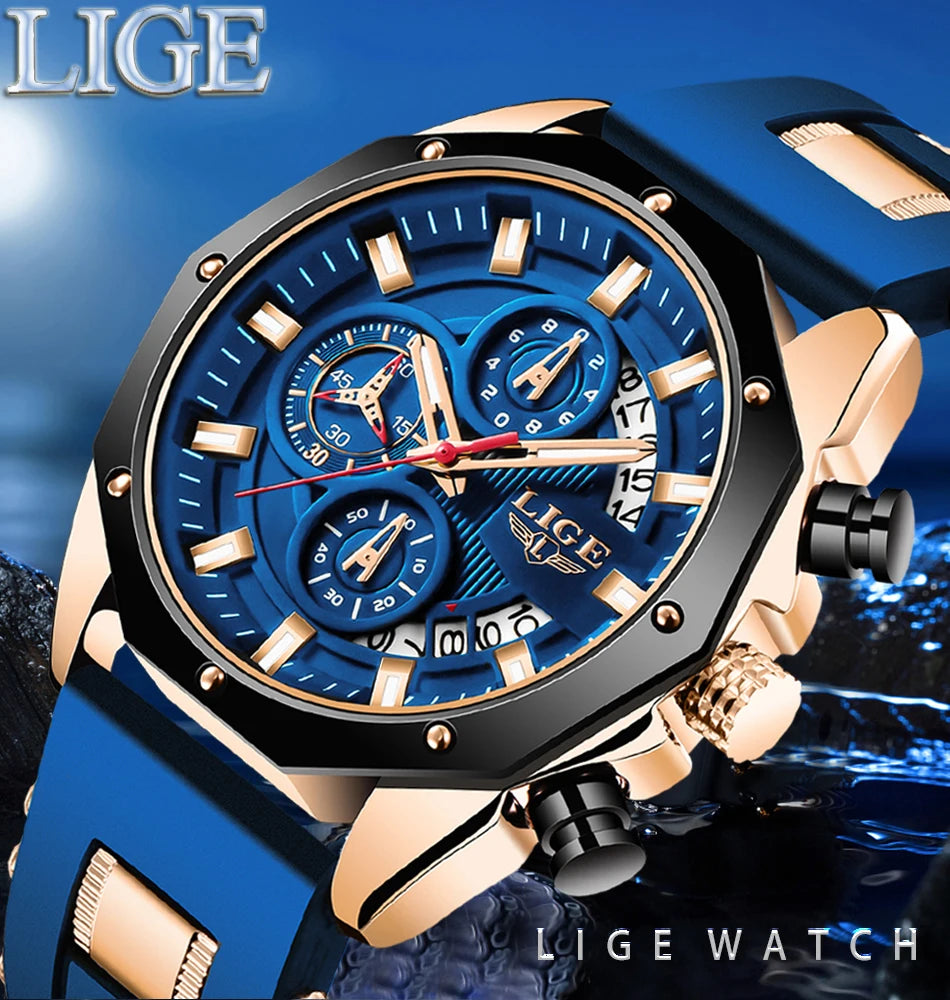 A close-up of a blue and gold LIGE watch with a black bezel and chronograph features on a dark background.