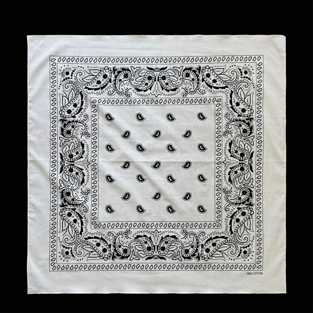 Black and white paisley patterned cotton bandana scarf with a square central design