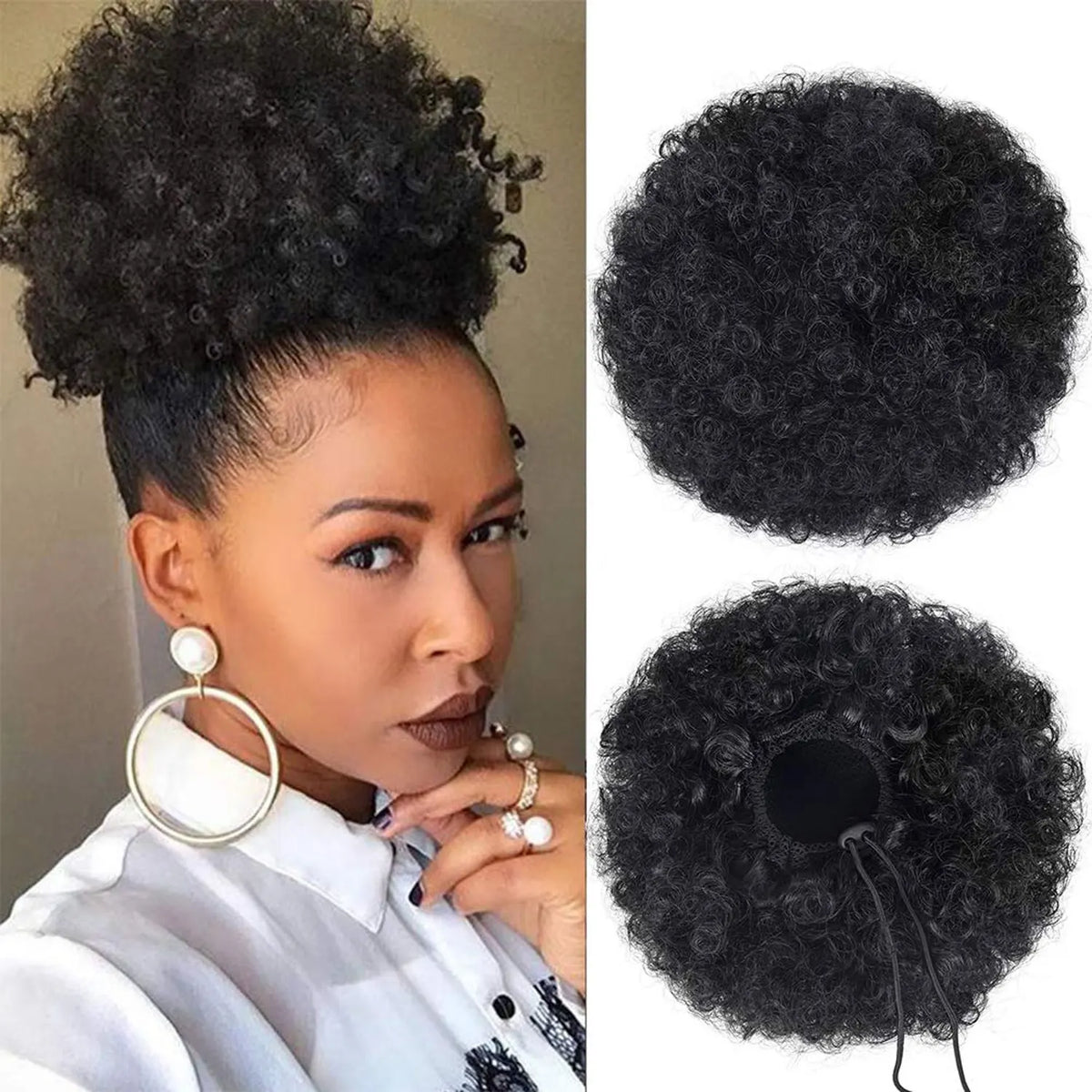 A woman shows off a kinky drawstring ponytail extension hairstyle.