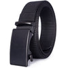 Black tactical canvas utility belt with a black buckle and woven strap