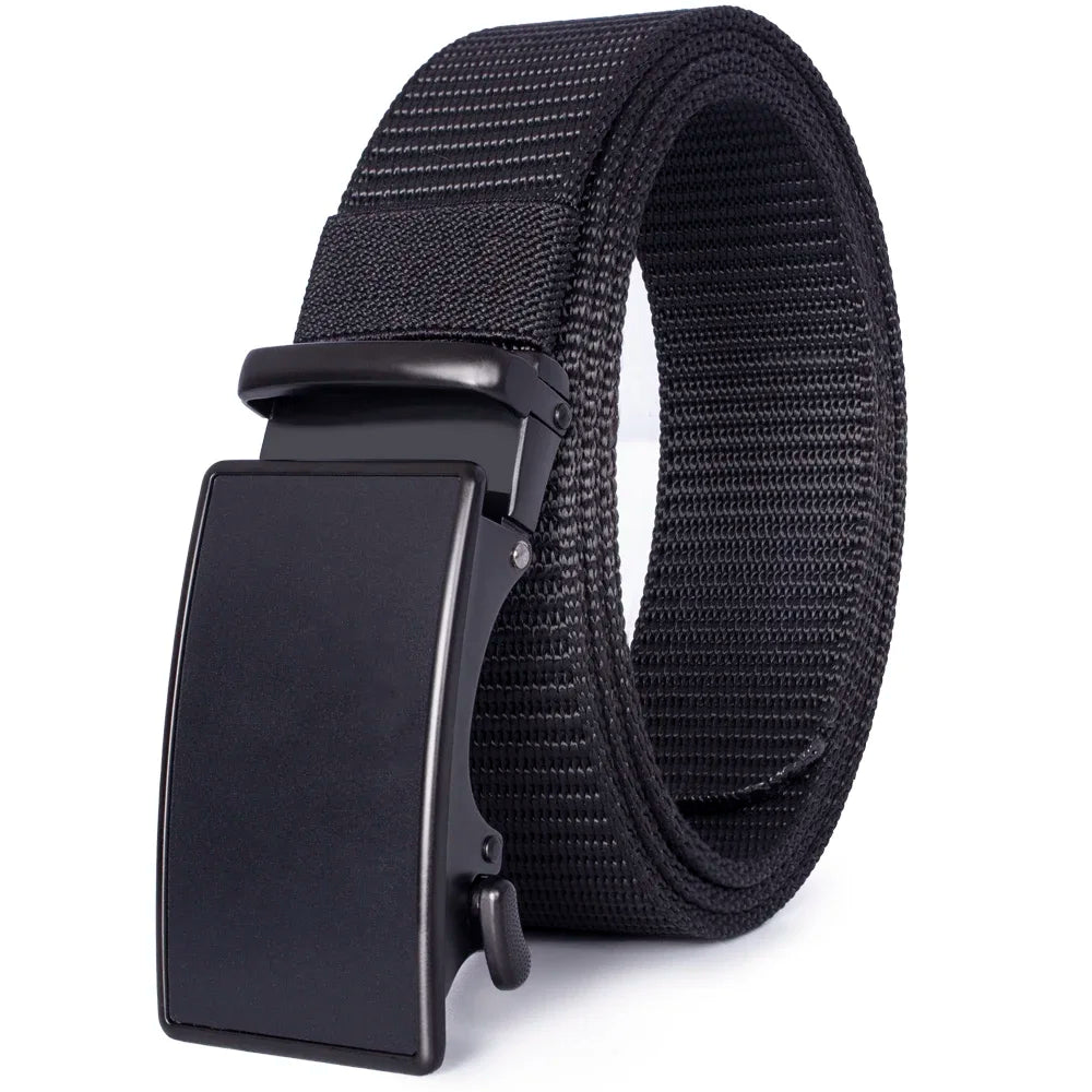 Black tactical canvas utility belt with a black buckle and woven strap