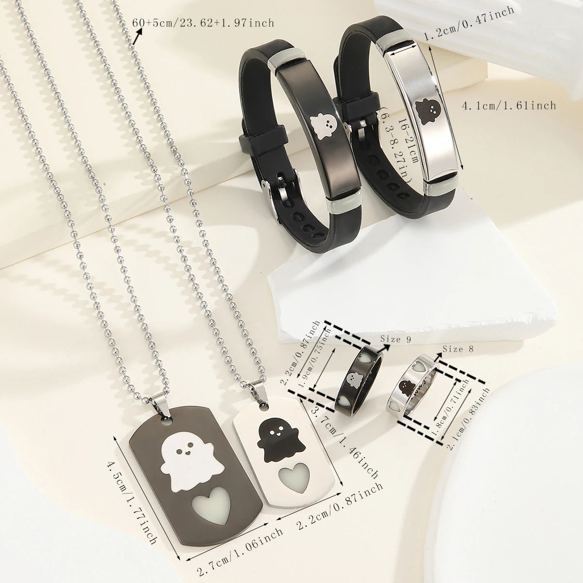 A set of six luminous fairy couple jewelry pieces including necklaces and bracelets displayed on a white background.