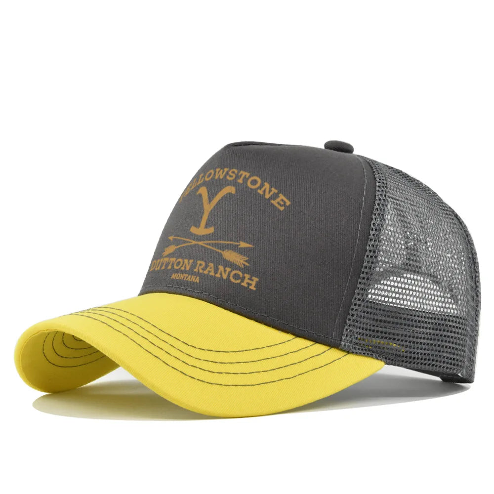 A dark gray and yellow adjustable baseball cap featuring a yellow brim and embroidered text on the front.