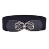 Black vintage leather elastic belt with a silver brass rosette buckle