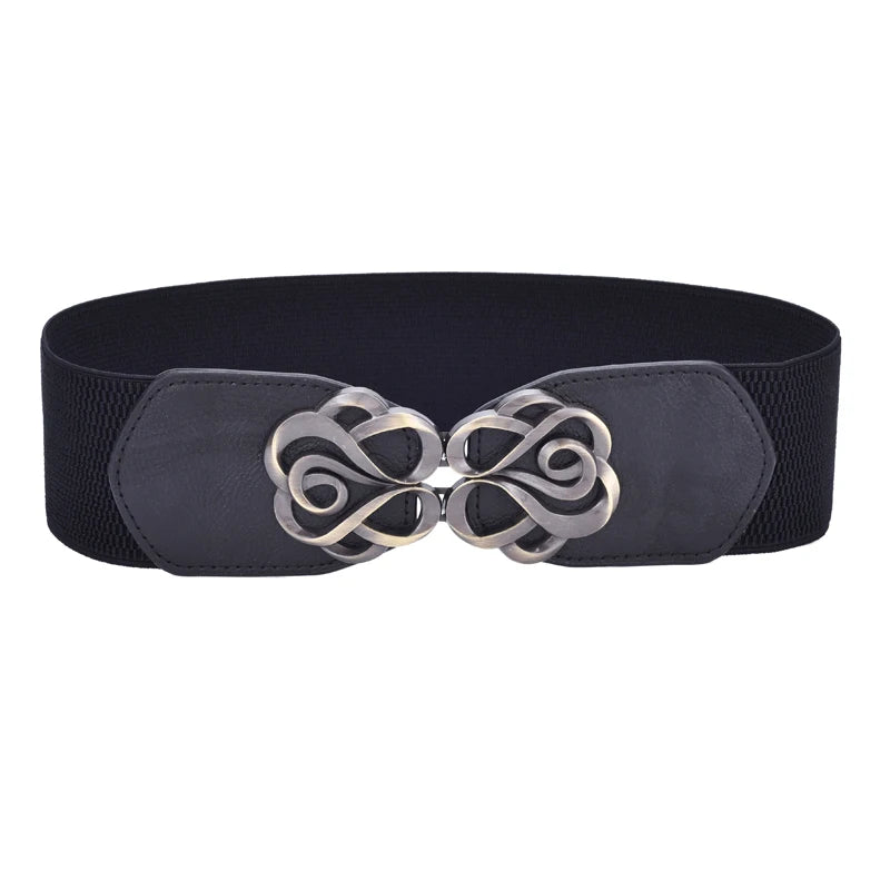 Black vintage leather elastic belt with a silver brass rosette buckle