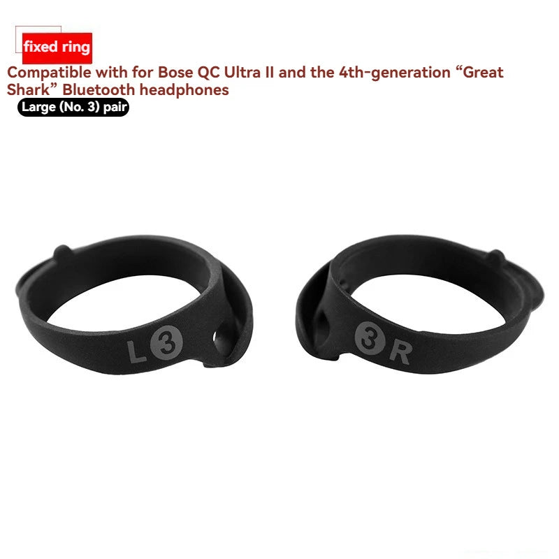 Black silicone fixed ring ear tips labeled L and R for Bose QC Ultra II and Great Shark Bluetooth headphones