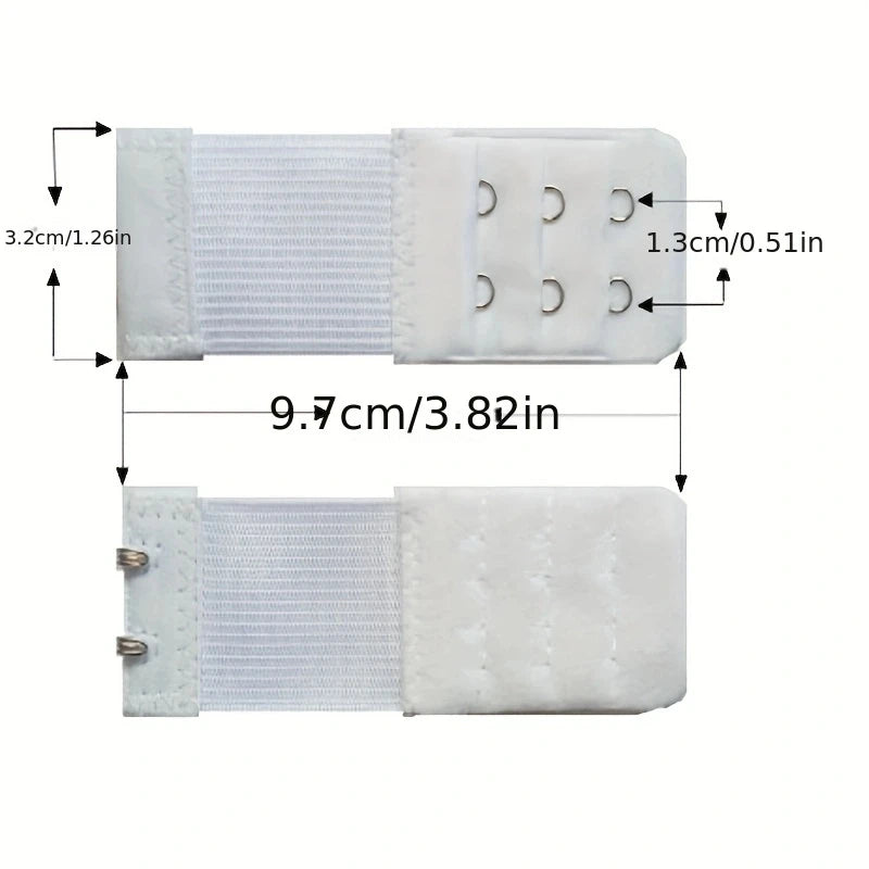 White adjustable bra extender straps showing various sizes and measurements.
