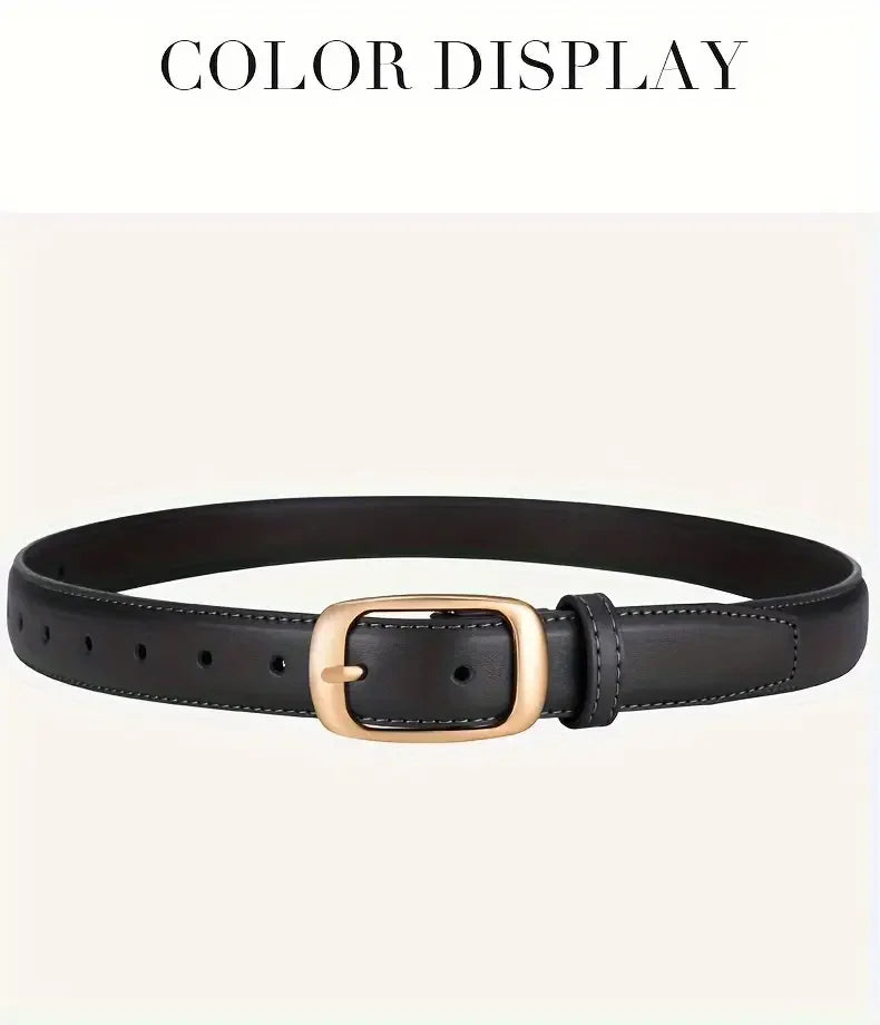 A close-up view of a black leather belt with a gold-toned metal buckle.