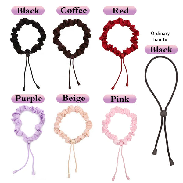 A collection of nine satin hair ties in various colors including black coffee red purple beige pink and a black elastic band